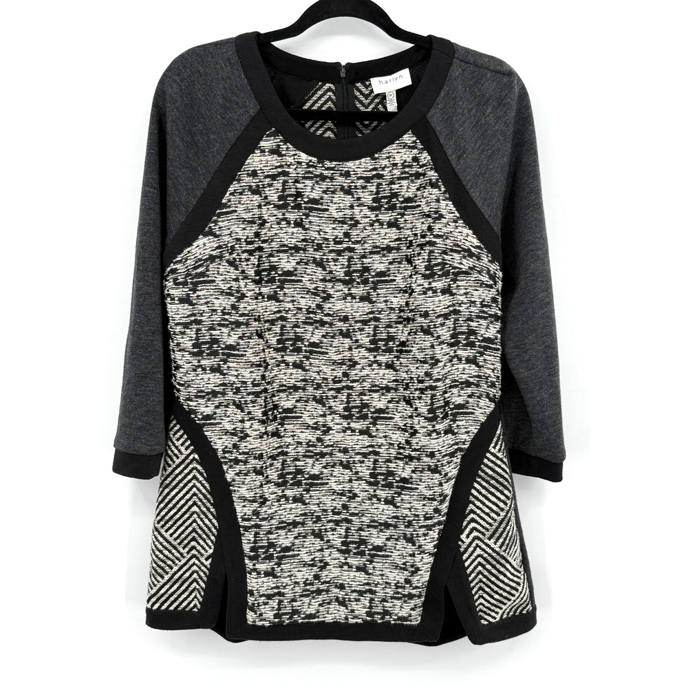 Harlyn Top Women's M Tunic Mixed Media Tweed Knit Panels Geometric Modern‎ Chic